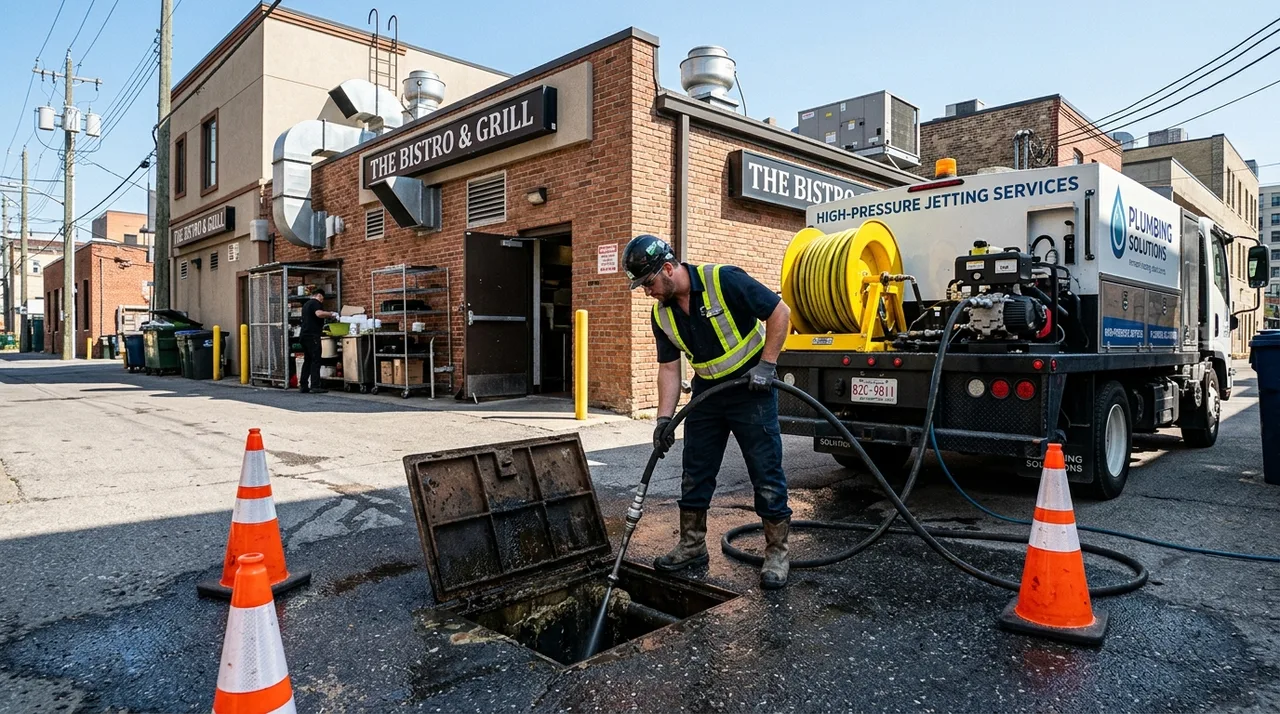 Commercial high-pressure hydro jetting truck servicing restaurant grease interceptor in commercial alley in La Mirada
