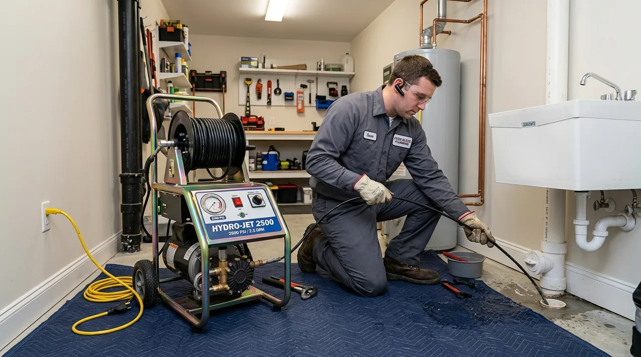 Technician operating compact indoor electric hydro jetter machine in residential utility room in La Mirada