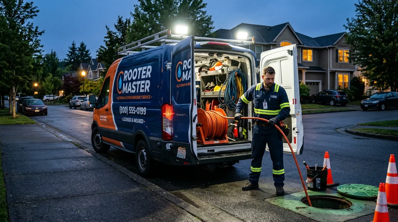 Emergency drain cleaning response service van staged on residential street with work lights at dusk in La Mirada