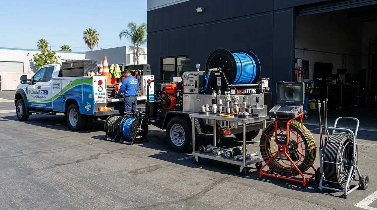 Comprehensive sewer cleaning equipment and high-pressure jetting trailer staged for service in La Mirada