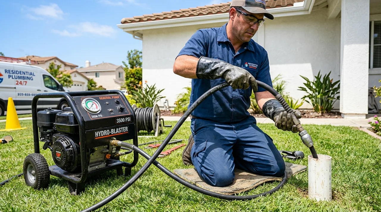 Plumbing technician operating a high-pressure hydro jetting machine at a residential cleanout in La Mirada California