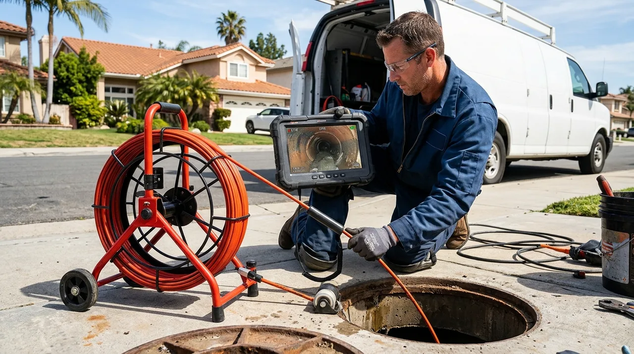 Plumbing technician using modern high-definition digital sewer camera inspection monitor system in La Mirada California