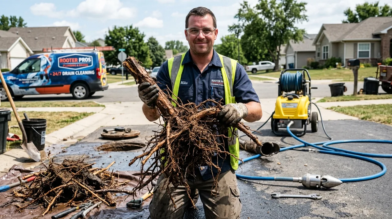Technician displaying severed tree roots removed from residential sewer line with rotary hydro jetter in La Mirada